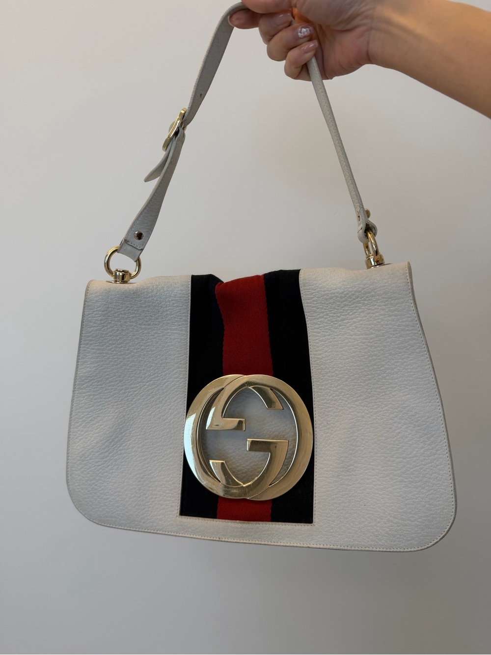 Gucci White Calfskin Leather Shoulder Bag with Red & Black Web and Silver GG